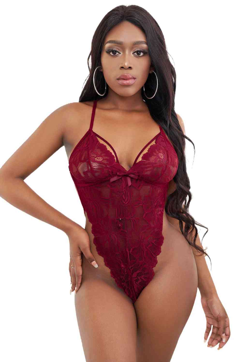 Crisscross Lace Backless Teddy Lingerie  Sunset and Swim Red S 