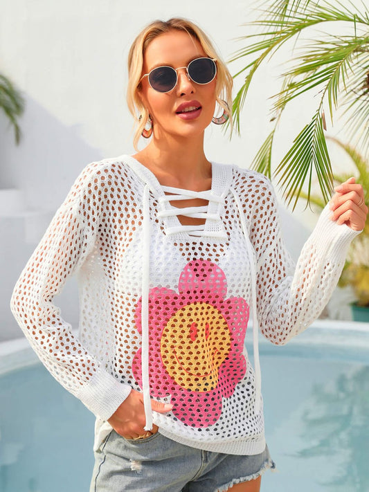 Sunset and Swim Flower Graphic Lace-Up Openwork Hooded Cover Up  Sunset and Swim White S 