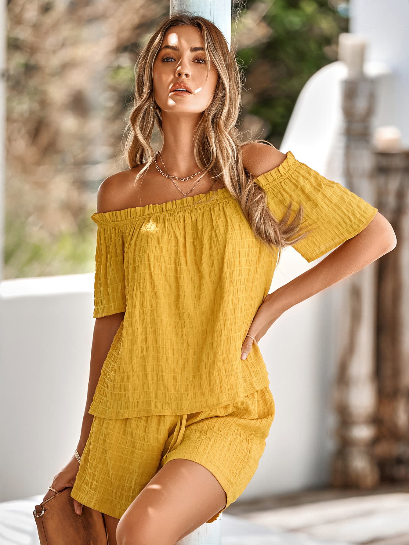 Textured Frill Trim Off-Shoulder Top and Shorts Set  Sunset and Swim   