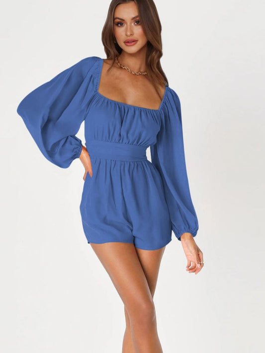 Tie Back Smocked Balloon Sleeve Romper  Sunset and Swim Dusty  Blue S 