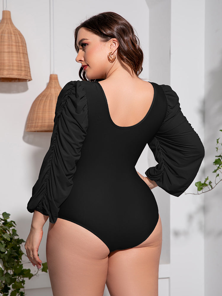 Plus Size Tied Deep V Balloon Sleeve One-Piece Swimsuit  Sunset and Swim   
