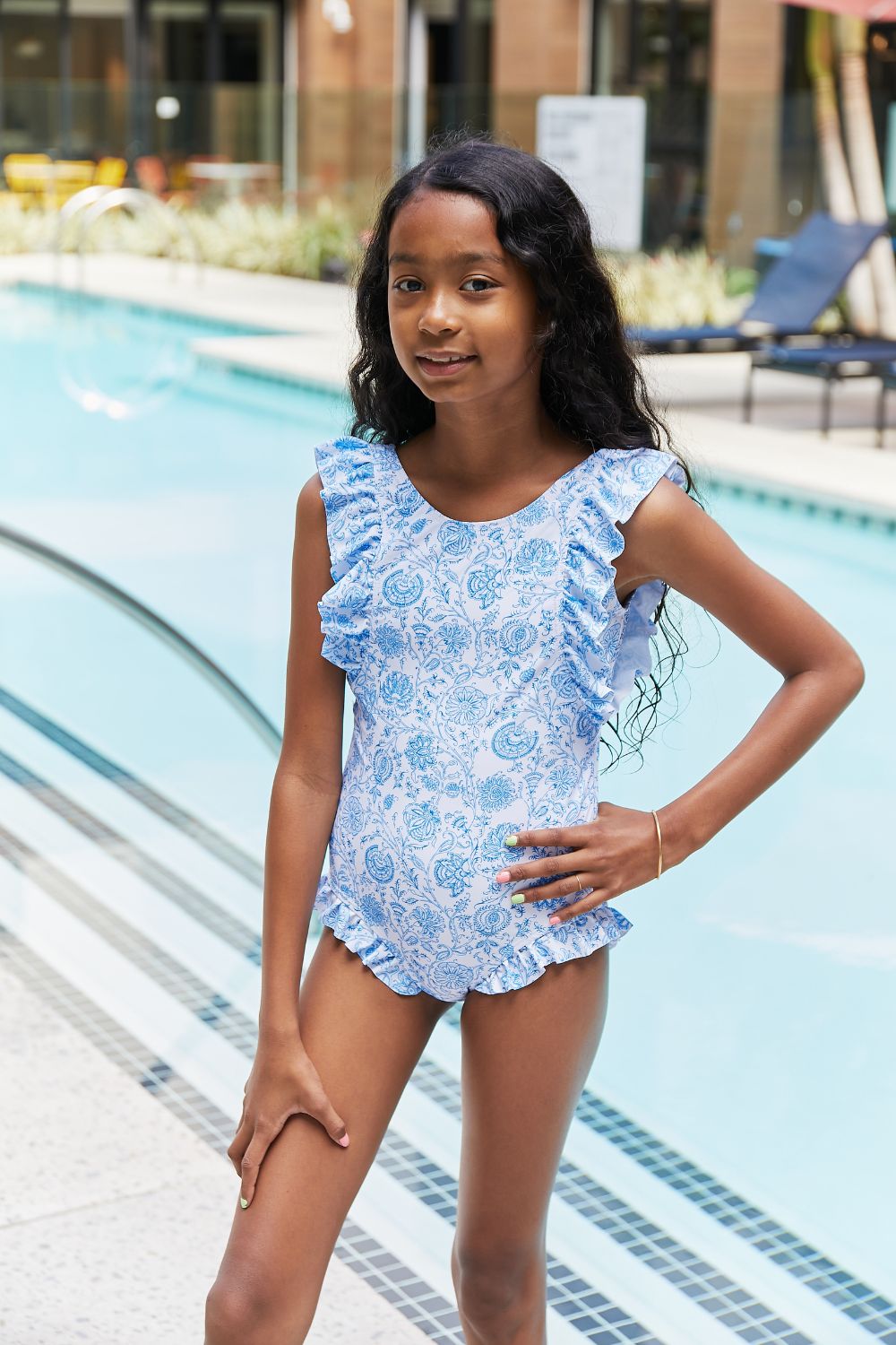 Girl Kids Marina West Swim Bring Me Flowers V-Neck One Piece Swimsuit In Thistle Blue Mother Daughter Swimwear  Sunset and Swim   