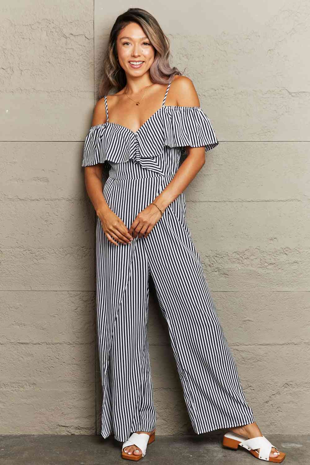 Striped Spaghetti Strap Cold-Shoulder Jumpsuit Sunset and Swim Stripe S 