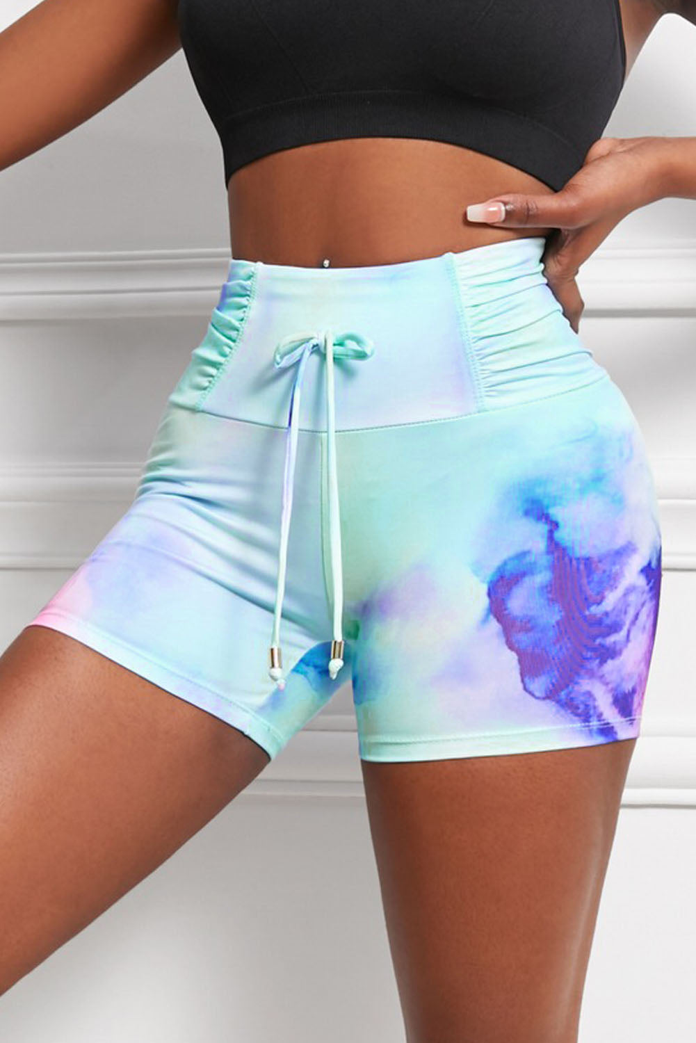 Tie-Dye Tie Detail Ruched Sports Shorts  Sunset and Swim   