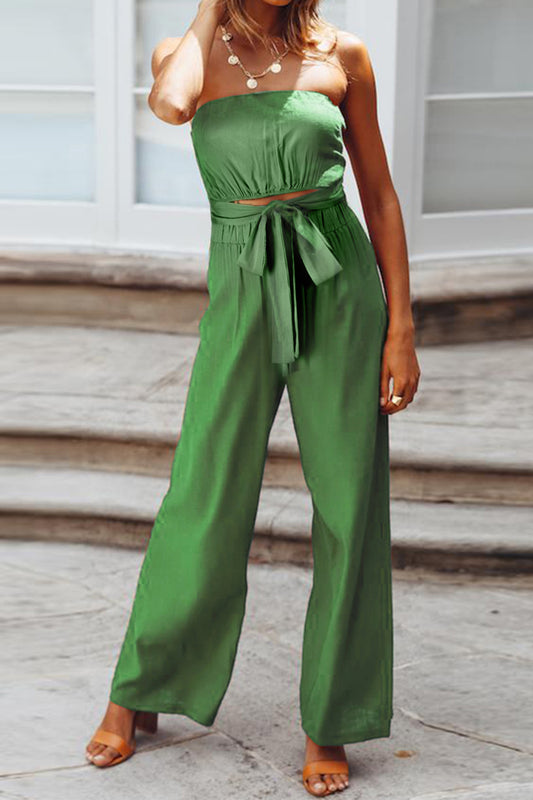 Sunset Vacation  Tied Cutout Tube Wide Leg Jumpsuit  Sunset and Swim Mid Green S 