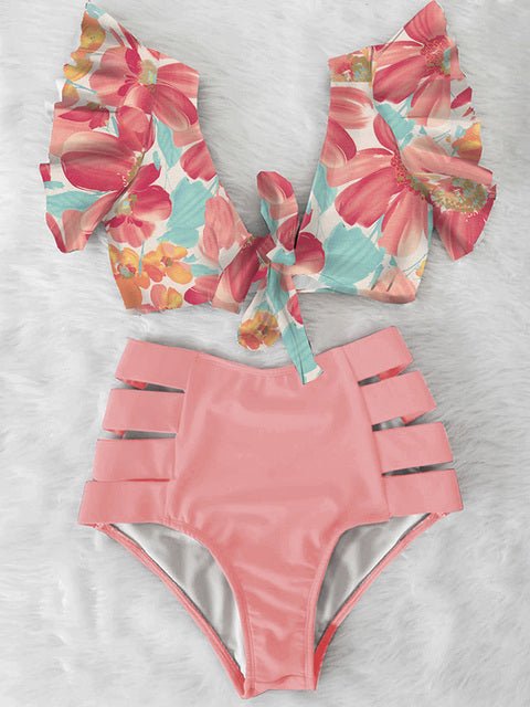 Floral Dreams Ruffled High Waist Bikini Set  Sunset and Swim NA19508PO S 