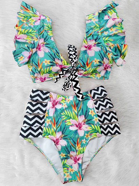 Floral Dreams Ruffled High Waist Bikini Set  Sunset and Swim NA19508GE S 