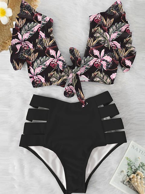 Floral Dreams Ruffled High Waist Bikini Set  Sunset and Swim NA19508DF S 
