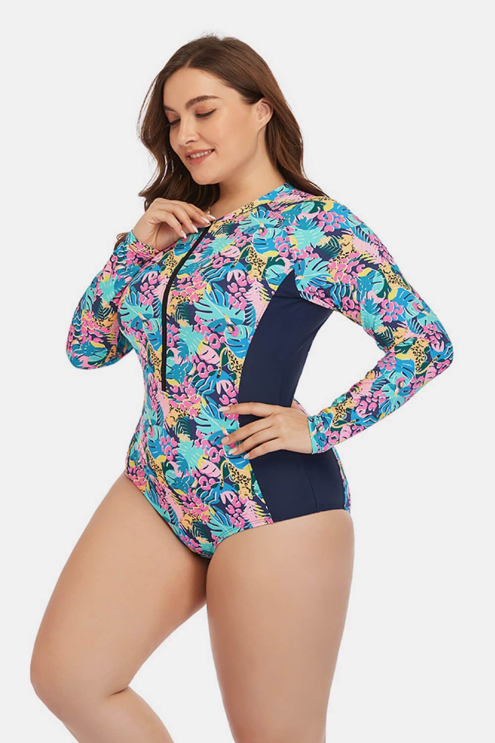 Hazel Plus Size Floral Zip Up One-Piece Swimsuit  Sunset and Swim   