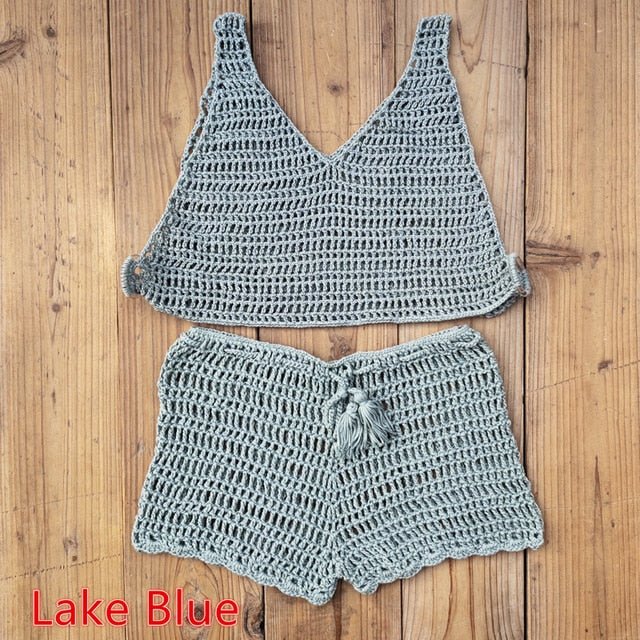 Isabella Handmade Crochet Beach Cover Up Set, Crochet Beach Top  Sunset and Swim Lake Blue Set M 