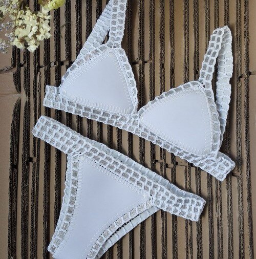 Italy Intense Sexy White Crochet Neoprene Triangle Bikini Set  Sunset and Swim White as pic S 