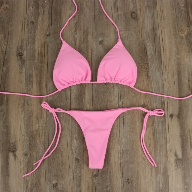Jessie Sexy Solid Mirco Thong Bikini Set  Sunset and Swim Pink M 