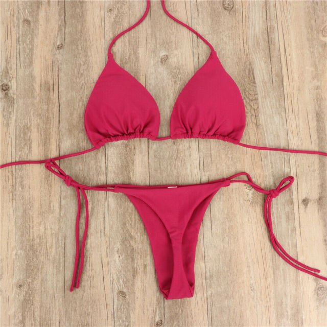 Jessie Sexy Solid Mirco Thong Bikini Set  Sunset and Swim Wine Red S 
