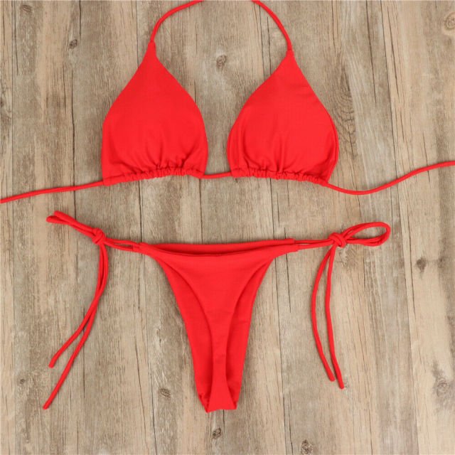 Jessie Sexy Solid Mirco Thong Bikini Set  Sunset and Swim Red L 