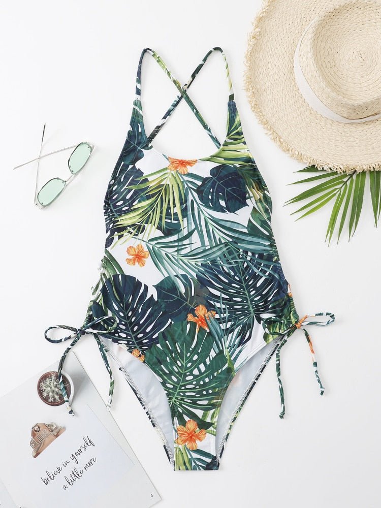 Jungle Vibes Sexy Back Drawstring One Piece Swimsuit  Sunset and Swim green S 
