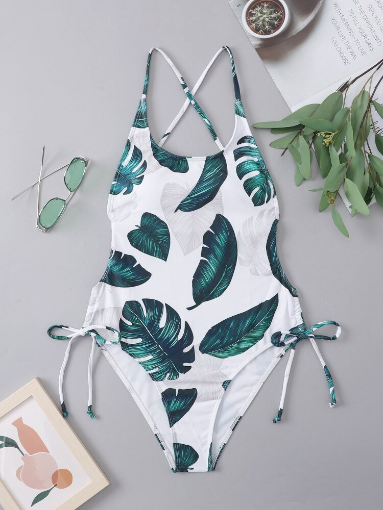 Jungle Vibes Sexy Back Drawstring One Piece Swimsuit  Sunset and Swim white green S 