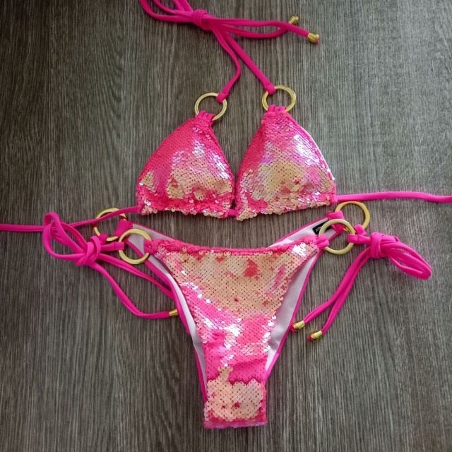 Kinsley Super Sparkle Sequin Glitter Bikini  Sunset and Swim Pink S 