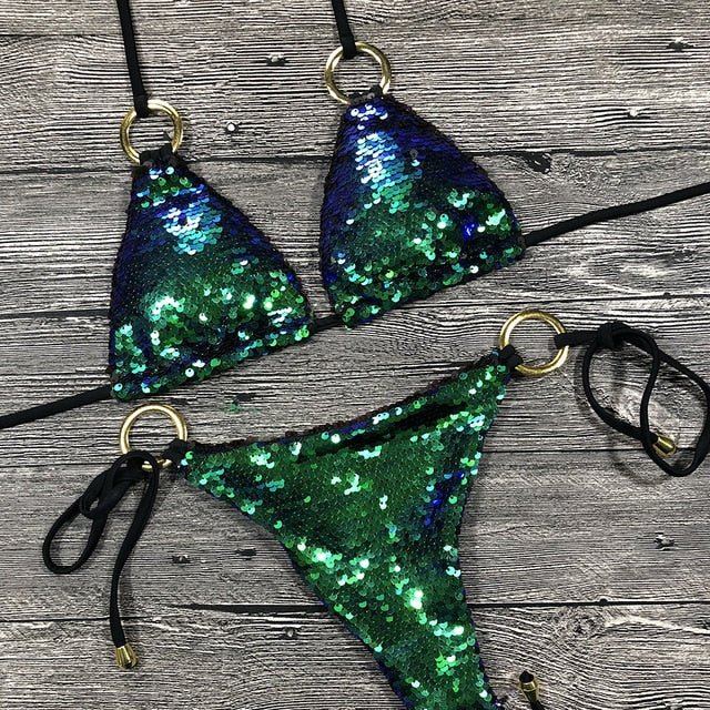 Kinsley Super Sparkle Sequin Glitter Bikini  Sunset and Swim Green S 
