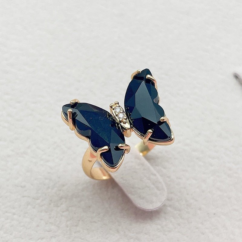 Kpop Trendy 16 Colors Crystal Butterfly Ring  Sunset and Swim black  