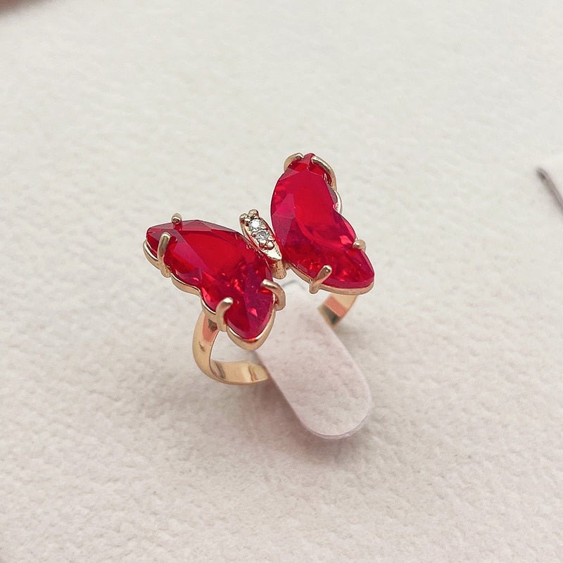 Kpop Trendy 16 Colors Crystal Butterfly Ring  Sunset and Swim red  
