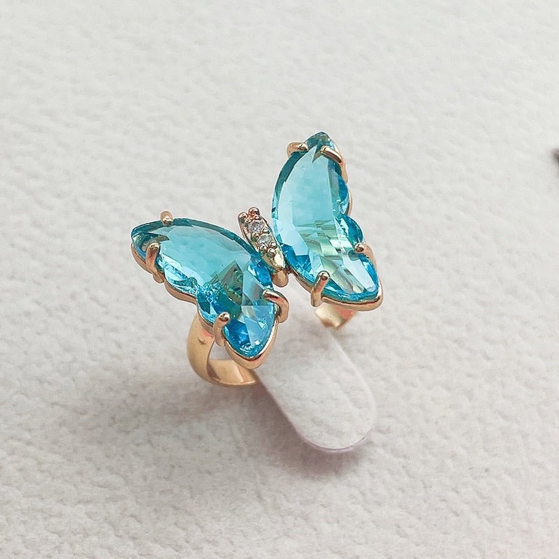 Kpop Trendy 16 Colors Crystal Butterfly Ring  Sunset and Swim blue  