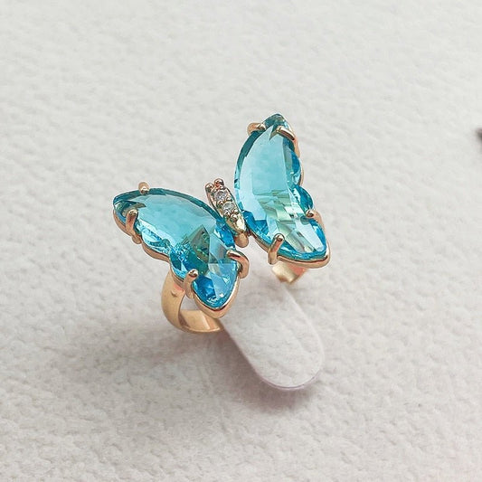 Trendy 16 Colors Crystal Butterfly Ring  Sunset and Swim blue  