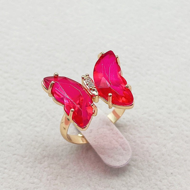 Kpop Trendy 16 Colors Crystal Butterfly Ring  Sunset and Swim Rose red  