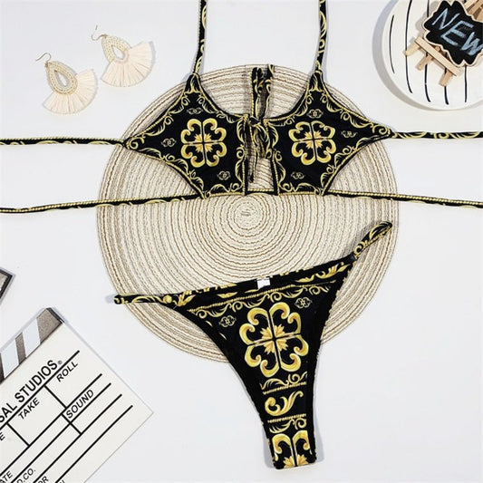 London Print Sexy Open Cut Out Hollow Out Golden Bikini  Sunset and Swim   