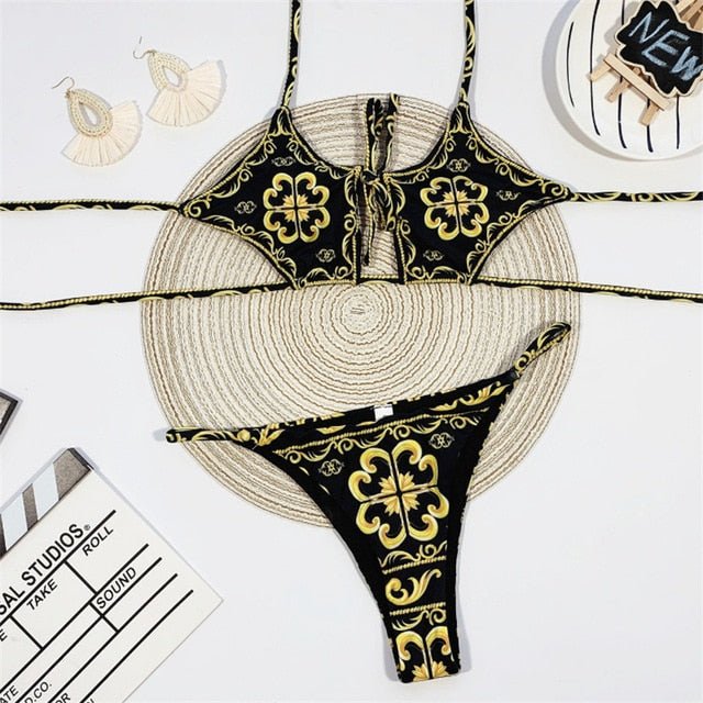 London Print Sexy Open Cut Out Hollow Out Golden Bikini  Sunset and Swim Black L 