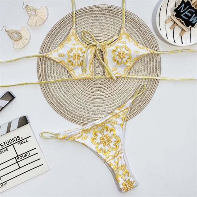 London Print Sexy Open Cut Out Hollow Out Golden Bikini  Sunset and Swim White S 