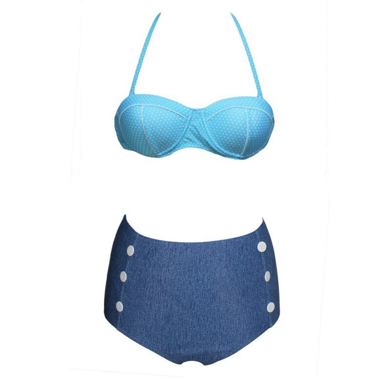 Lovey Denim Sexy Bikini High Waist Retro  Sunset and Swim Blue S 