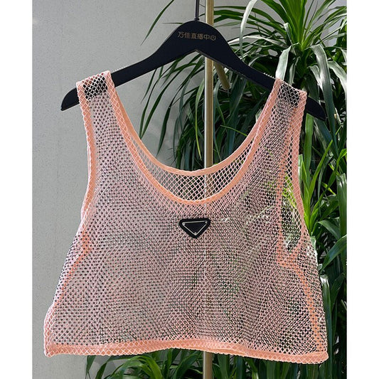 Mesh Transparent Rhinestone Embroidered Vest Top  Sunset and Swim Pink One Size 