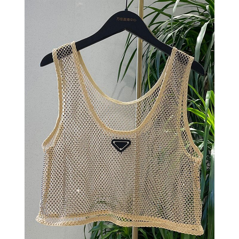 Mesh Transparent Rhinestone Embroidered Vest Top  Sunset and Swim Beige One Size 