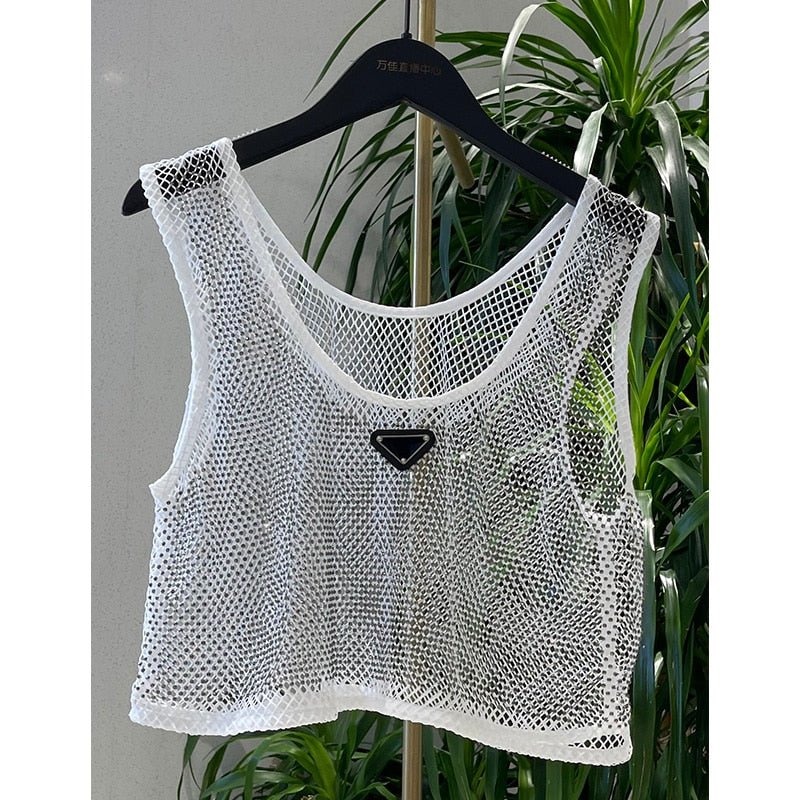 Mesh Transparent Rhinestone Embroidered Vest Top  Sunset and Swim White One Size 