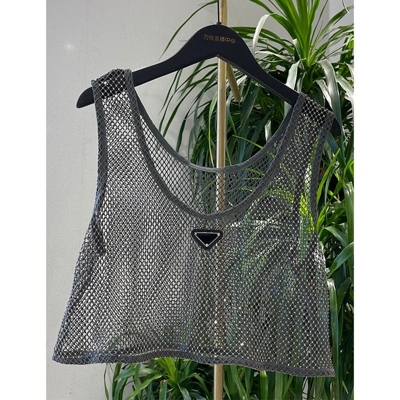Mesh Transparent Rhinestone Embroidered Vest Top  Sunset and Swim Grey One Size 