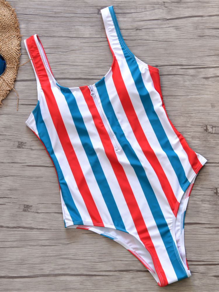 Navy Dreams New Red White Blue Striped Swimwear One Piece Zip Up
