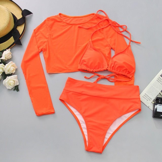 Neon Top Three Piece set  Sunset and Swim orange high waist XL 