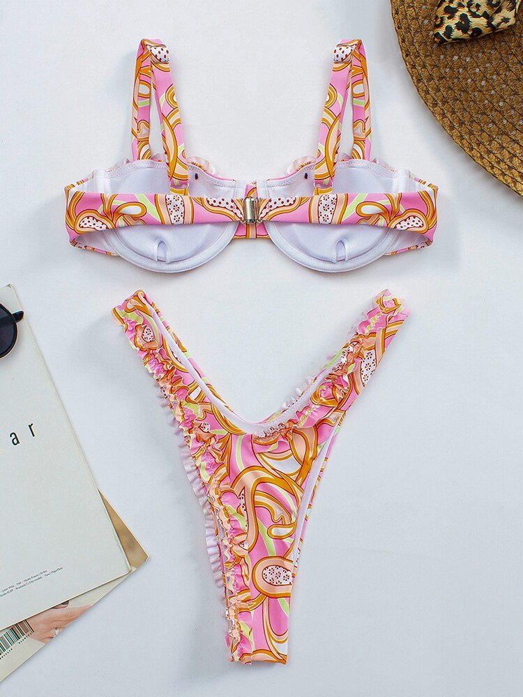 New! Bahamas Sexy Ruffle Frill Push Up Thong Bikini  Sunset and Swim   