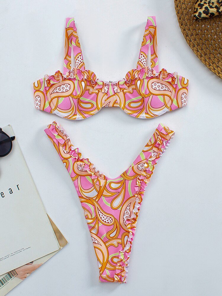 New! Bahamas Sexy Ruffle Frill Push Up Thong Bikini  Sunset and Swim Pink S 