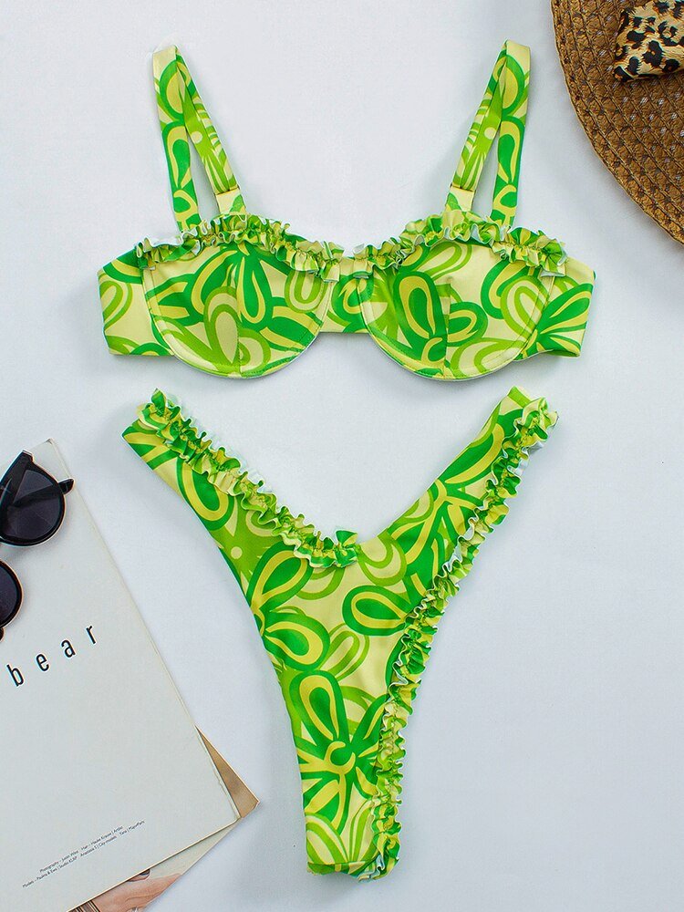 New! Bahamas Sexy Ruffle Frill Push Up Thong Bikini  Sunset and Swim Green S 