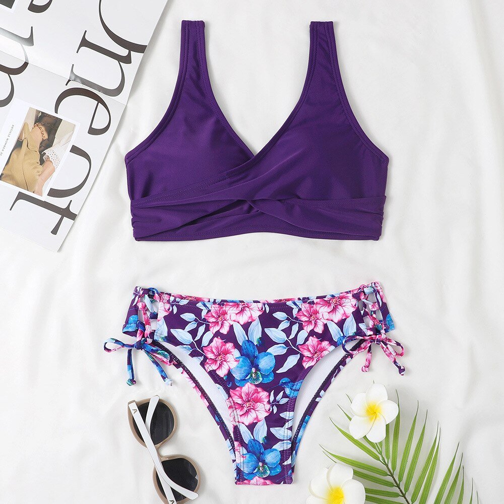 New Floral High Waist Bikini  Sunset and Swim purple S 