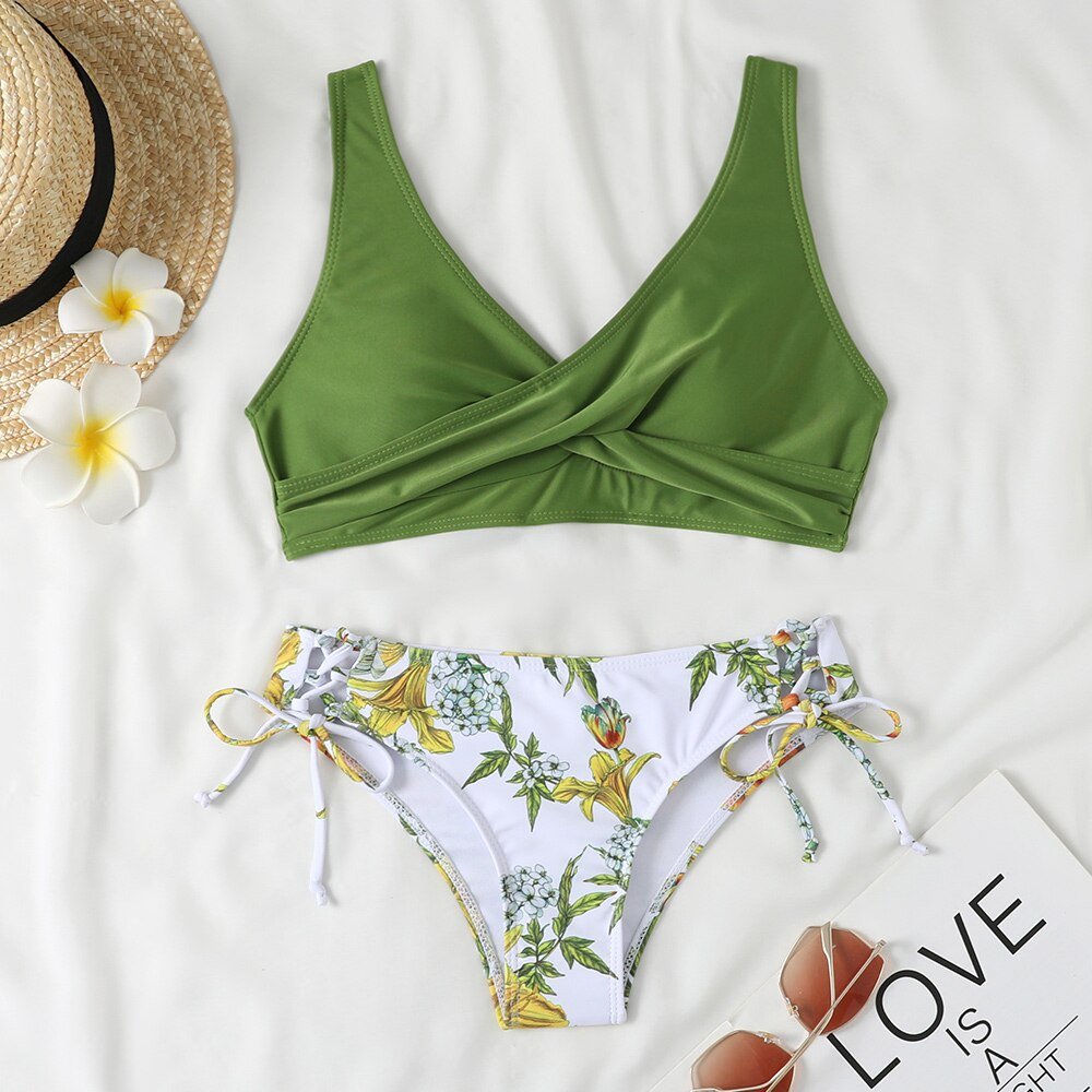 New Floral High Waist Bikini  Sunset and Swim army green S 