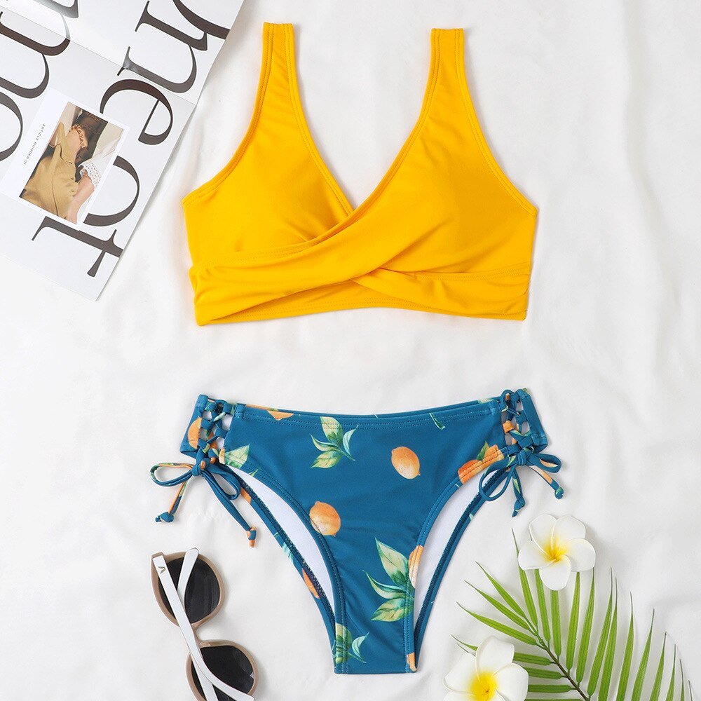 New Floral High Waist Bikini  Sunset and Swim yellow S 