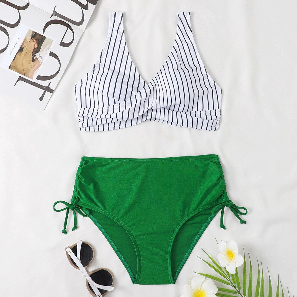 New Floral High Waist Bikini  Sunset and Swim white striped S 