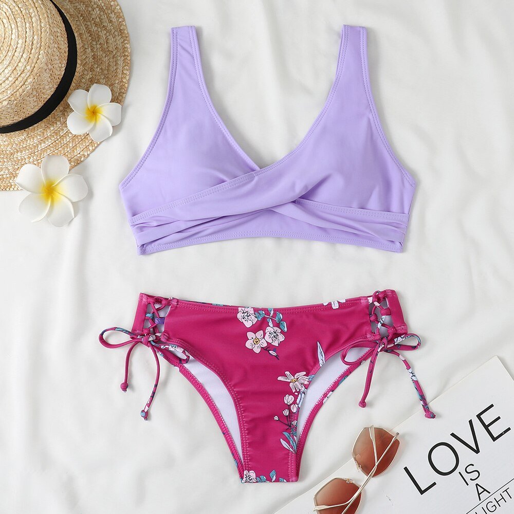 New Floral High Waist Bikini  Sunset and Swim Lavender S 