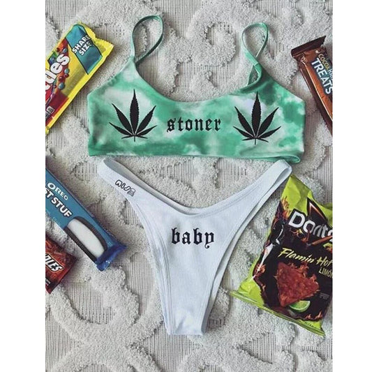 New Sexy Letter Print Bikini  Sunset and Swim Green S 