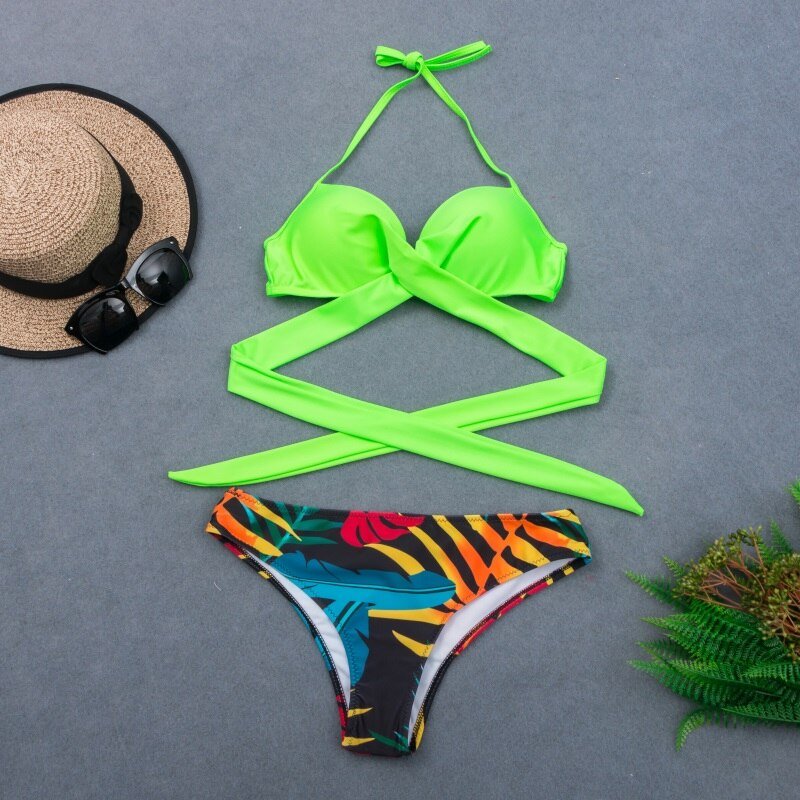 New Sexy Wrap Around String Push Up Bikini Set  Sunset and Swim green S 