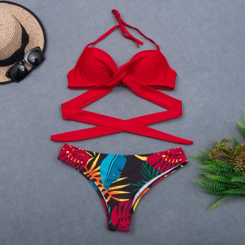 New Sexy Wrap Around String Push Up Bikini Set  Sunset and Swim red leaf S 