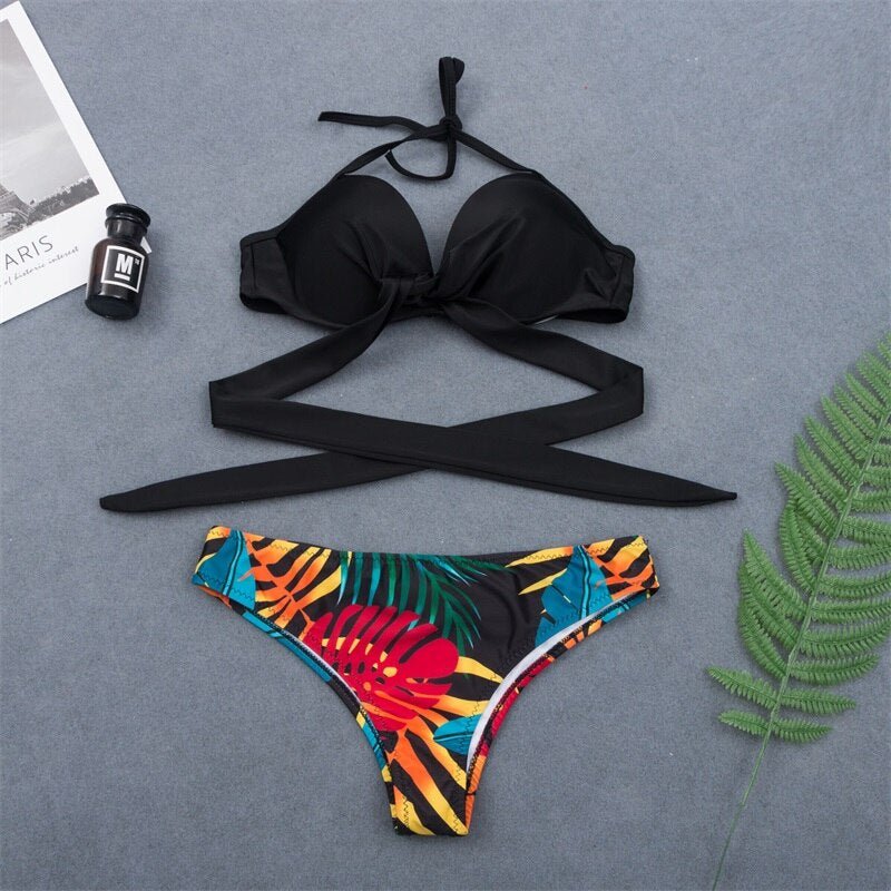 New Sexy Wrap Around String Push Up Bikini Set  Sunset and Swim black leaf S 