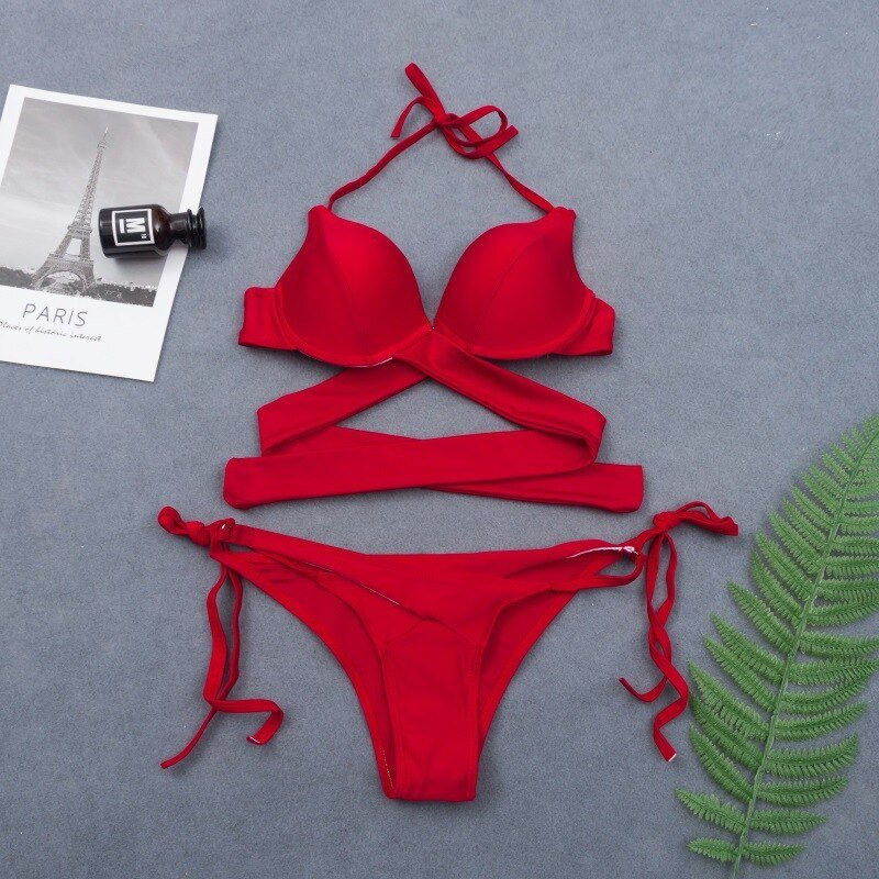 New Sexy Wrap Around String Push Up Bikini Set  Sunset and Swim red S 